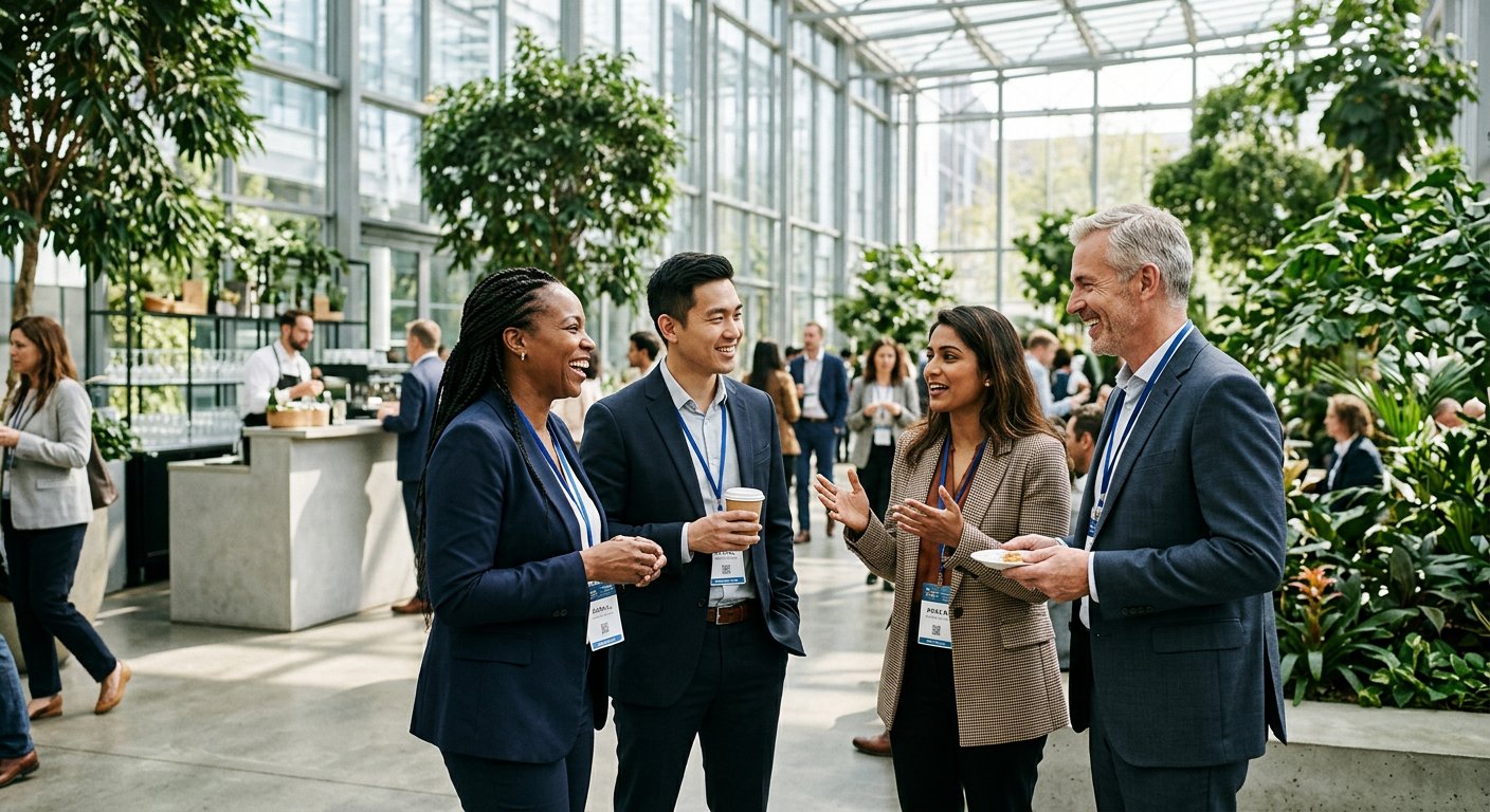 Attendees conversing comfortably during a conference break inside a sunlit glass atrium lounge with indoor greenery and refreshment stations