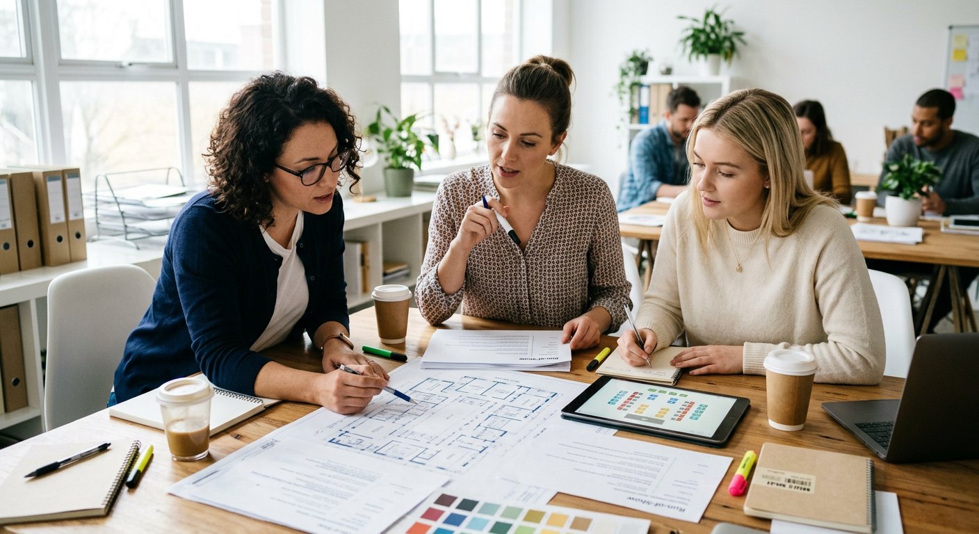 Three event producers reviewing architectural floor plans, seating diagrams on a tablet, and printed run-of-show schedules around a studio table