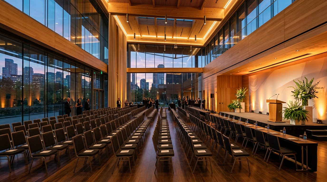 Contemporary timber-and-glass conference hall prepared with neatly aligned seating, podium lighting, and botanical stage accents prior to guest arrival